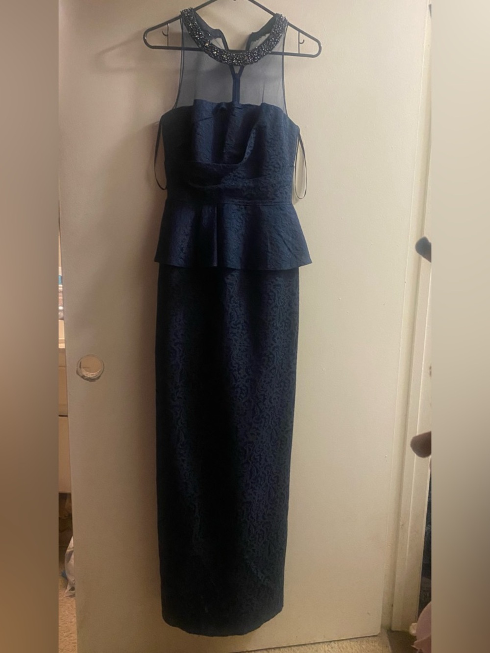 David Meister Size 4 Formal Halter Gown Size 4 Bust 32” Navy Blue Jeweled Neck